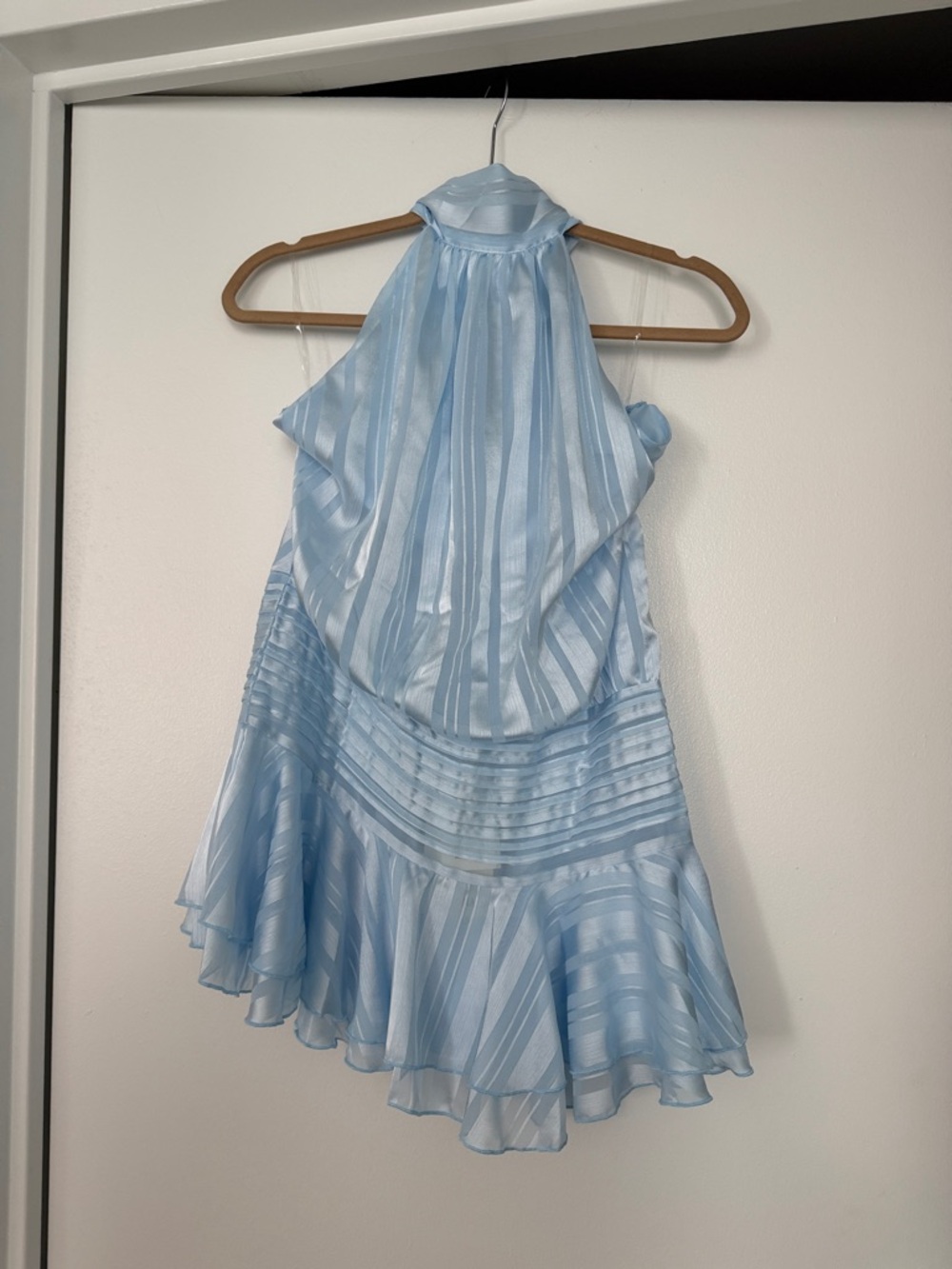 Peppermayo Light Blue Halter Backless Satin-Striped Mini Dress